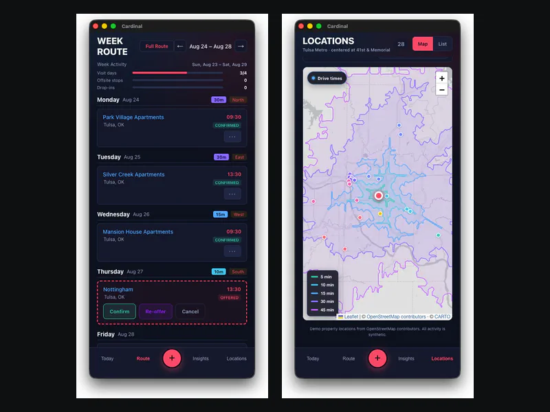Cardinal week route and drive-time territory screens
