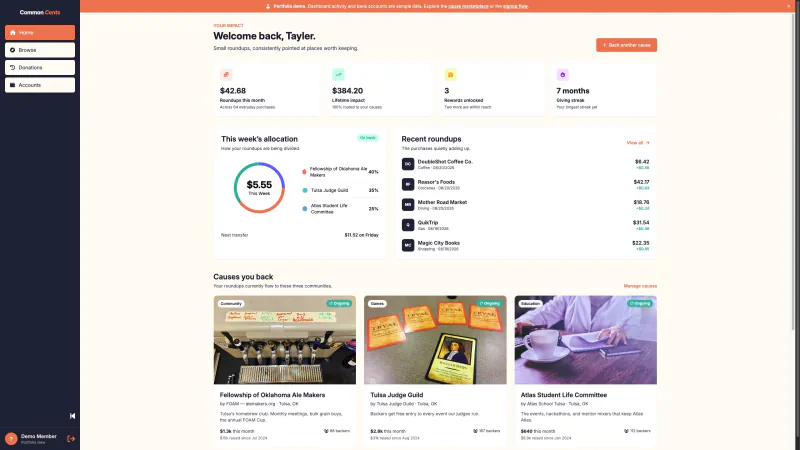 Common Cents dashboard showing impact totals, weekly allocations, recent roundups, and supported causes